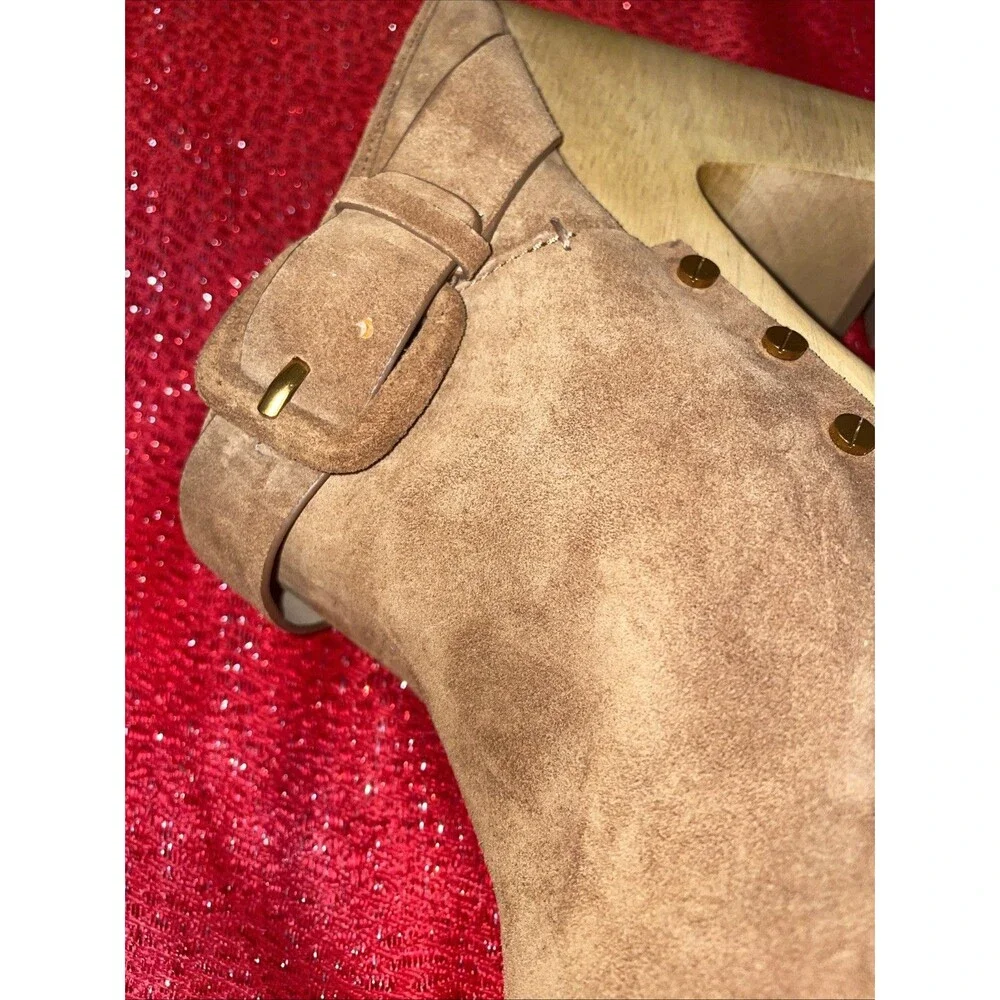 Veronica Beard Dacey Buckle Suede Clogs size 11M USA women Tan Pecan Wood Metals